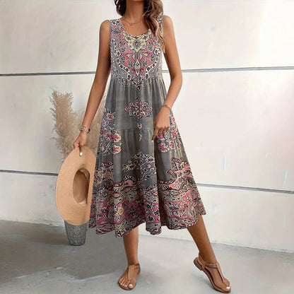 Damklänning midi – A-linjeformad passform – Ärmlös – U-ringning – Blommigt mönster – Bomullsblandning