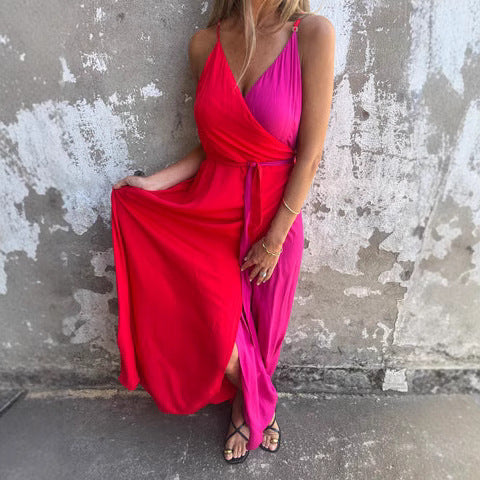 Damklänning maxi – Halterneck – Omlottmidja – Asymmetrisk fåll – Lyxigt tyg