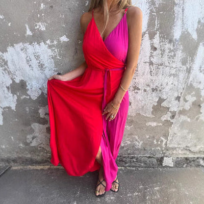 Damklänning maxi – Halterneck – Omlottmidja – Asymmetrisk fåll – Lyxigt tyg