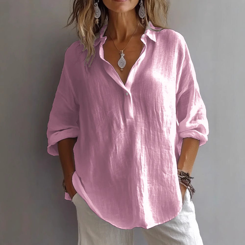 Women’s Relaxed Fit Linen Blouse with Long Sleeves and Open Collar