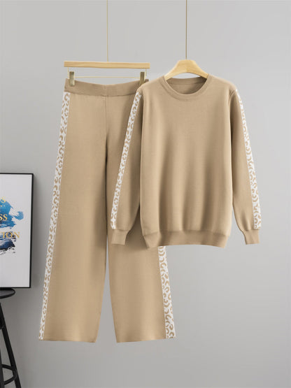 Damset – Stickad tvådelad kostym – Lös passform – Rundhalsad tröja – Vida byxor