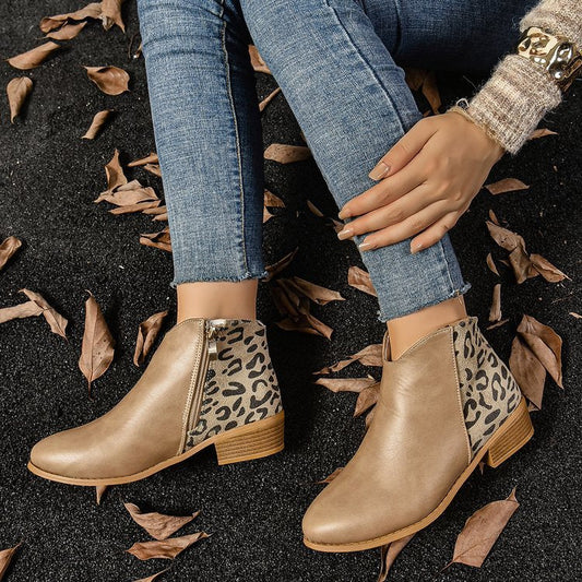 Dam Ankelboots – Snäv Passform – Chunky Klack – Leopardpanel – Dragkedja