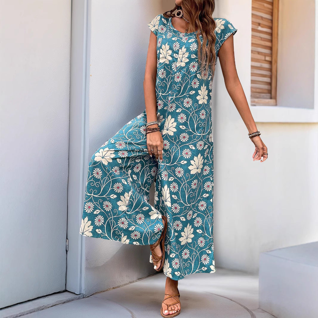 Dam Jumpsuit – Avslappnad Passform – Vida Ben – Kort Ärm – Blommig – Bomullsblandning