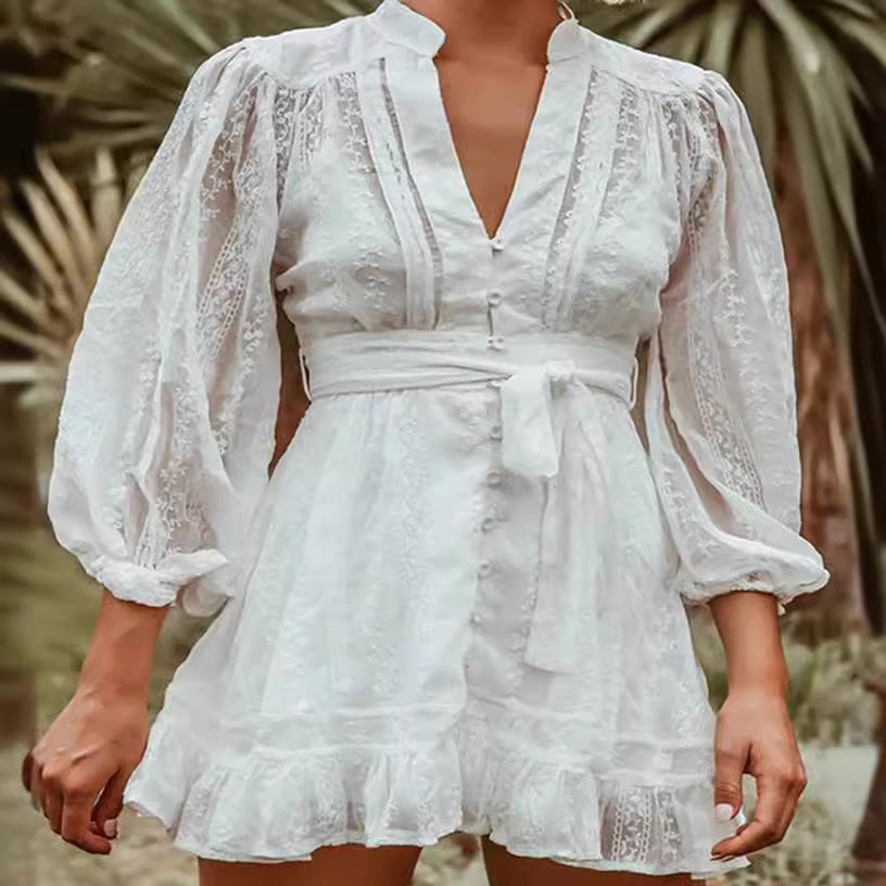 Damklänning – Figursydd Minilängd – Långärmad med Volang – Justerbar Midja