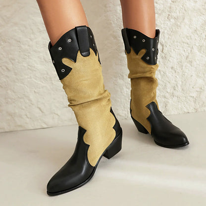 Damstövlar i Mocka och Läder – Slouchy Passform – Blockklack – Västern Detaljer