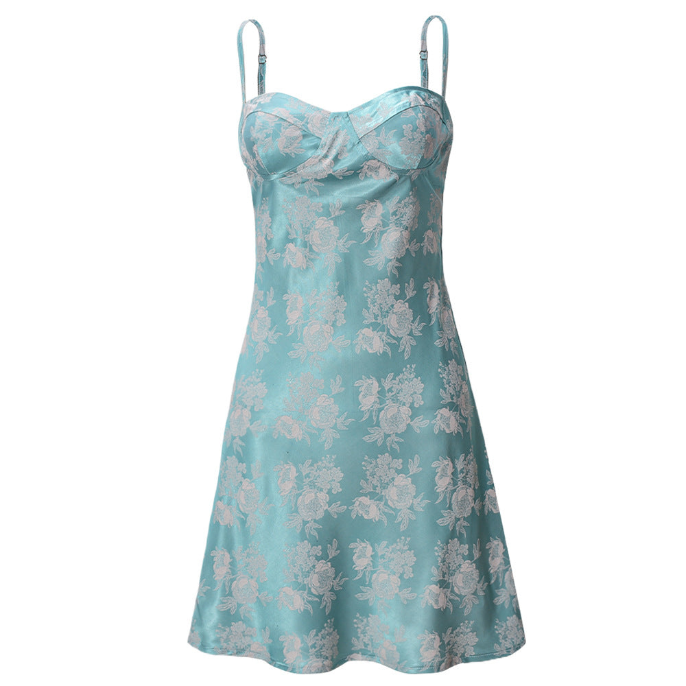 Damklänning – Satinmaterial – Smal Passform – Spagettiband – Blommigt Mönster