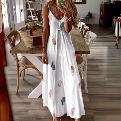 Damklänning – Maxilängd – Ärmlös V-ringning – Lös Passform – Naturmönster