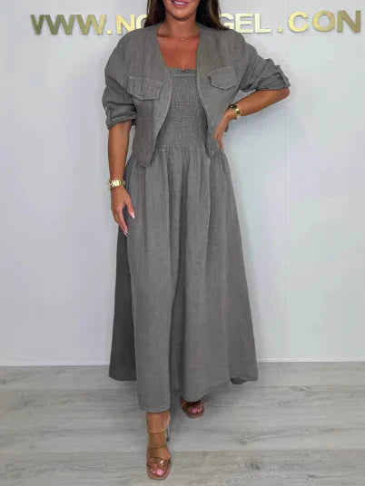 Damklänning set – Maxiklänning med smockliv – Avslappnad passform – Med jacka