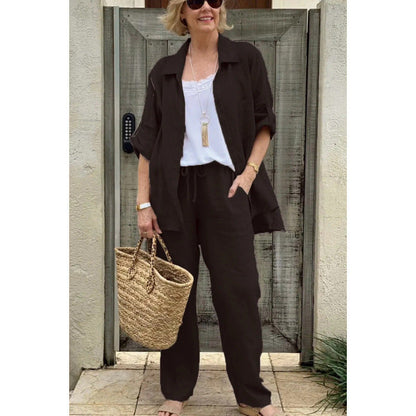 Damsett med skjorta och byxa – Linne – Avslappnad passform – Raka byxor