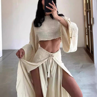 Damset – Linneblandning – Vidärmad Kort Top – Vida Byxor med Volang – Avslappnad Passform