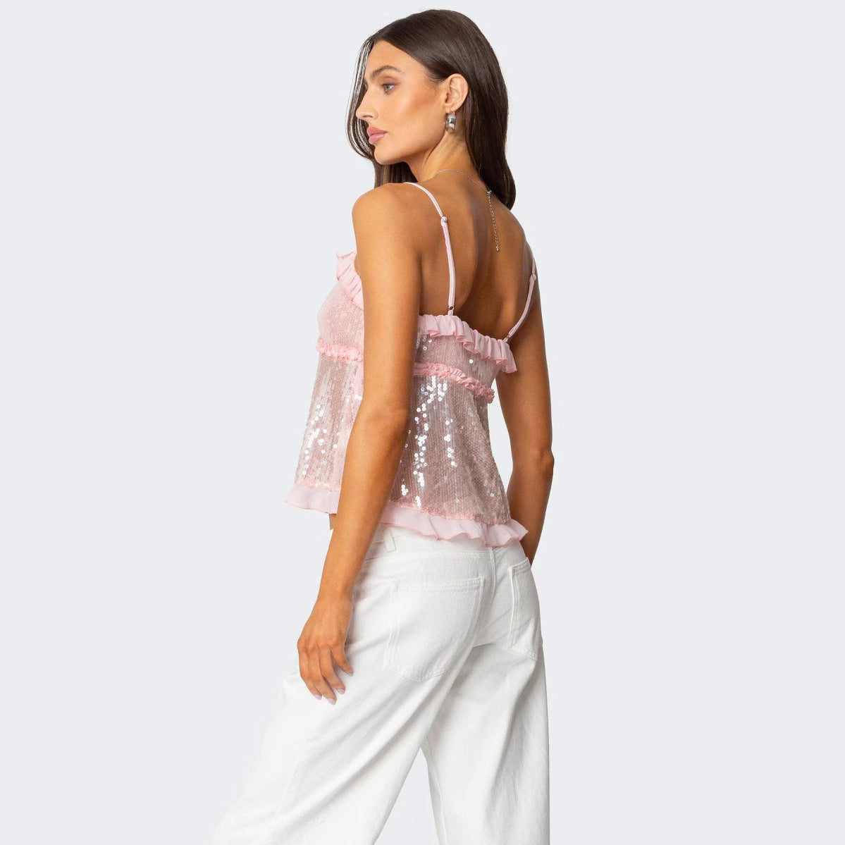 Dam Crop Top – Paljettprydd – Figurnära Passform – Halterneck – Volangdetaljer