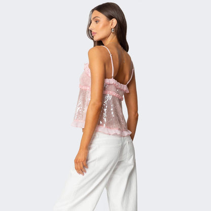 Dam Crop Top – Paljettprydd – Figurnära Passform – Halterneck – Volangdetaljer