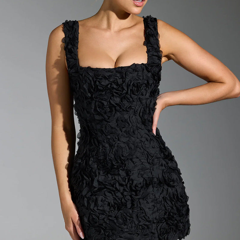 Damklänning – Slim Fit – 3D Blommig Applikation – Ärmlös – Fyrkantig Ringning