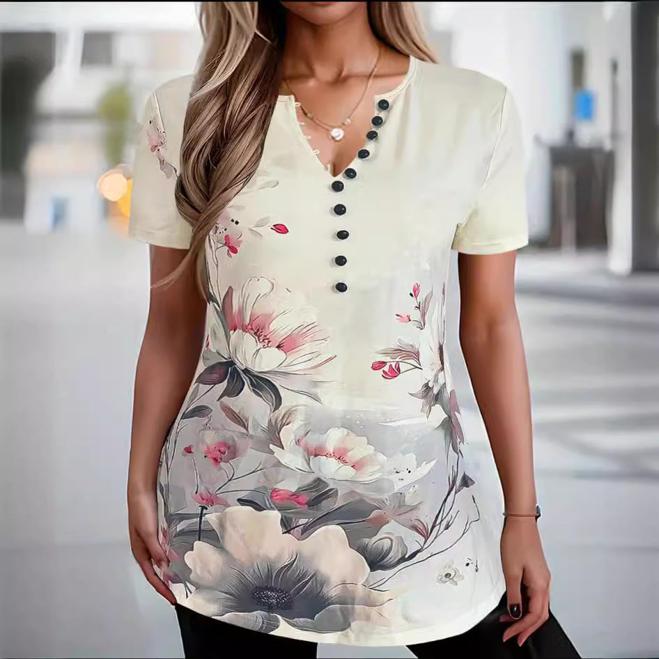Dam T-shirt – Avslappnad Passform – Kort Ärm – Knäppning – Abstrakt Mönster