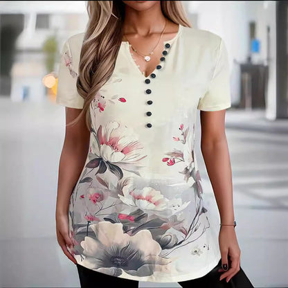 Dam T-shirt – Avslappnad Passform – Kort Ärm – Knäppning – Abstrakt Mönster