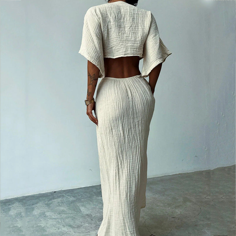 Damklänning Maxi – Slim Fit – V-Ringning – Midjeurtag – Öppen Rygg – Kort Ärm