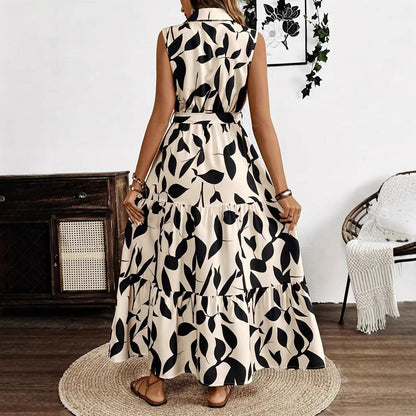 Damklänning – Lång modell – Ärmös med krage – Volangkant – Bladmönster