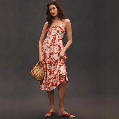 Damklänning – Maxilängd – A-linjeformad Passform – Halterneck – Blommigt Mönster – Lätt och Andningsbar