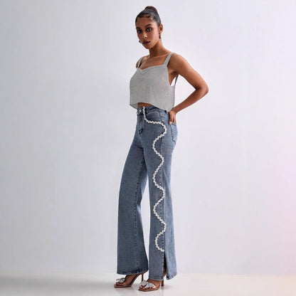 Damjeans med raka ben – Avslappnad passform – Rhinestendetalj – Hög midja – Fullängd