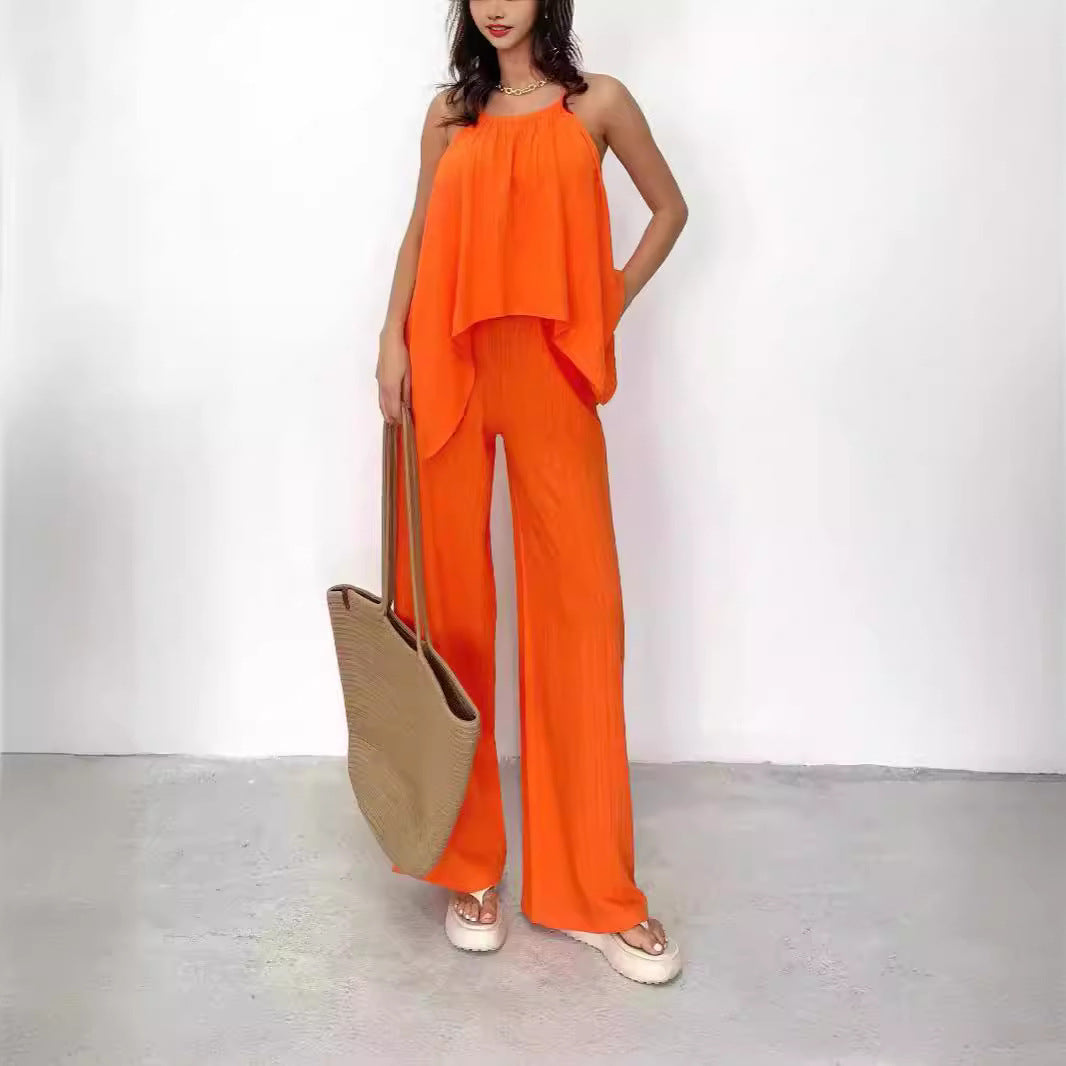 Damset med halternecktop och vida byxor – Asymmetrisk avslappnad passform – Lätt tyg