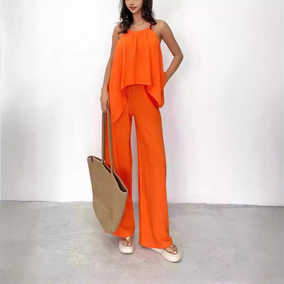 Damset med halternecktop och vida byxor – Asymmetrisk avslappnad passform – Lätt tyg