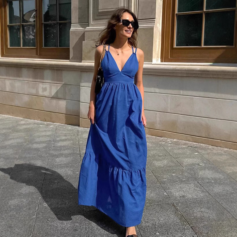 Damklänning maxi – ärmlös V-ringning – bomull linne – lös A-linjeform