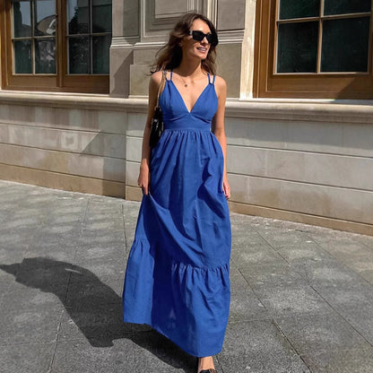 Damklänning lång – Linne bomullsblandning – Ärmlös V-ringning – A-linjeformad passform