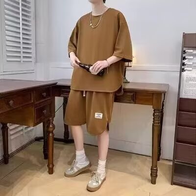 Herr Träningsset – Bomull – Avslappnad Passform – T-shirt & Shorts med Dragsko