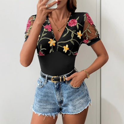 Dam Bodysuit – Slim Fit – V-ringning – Broderade Meshärmar – Stretchmaterial
