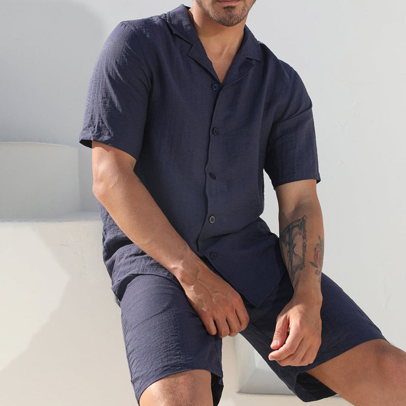 Herrset med kortärmad skjorta och shorts – avslappnad passform – linnekänsla