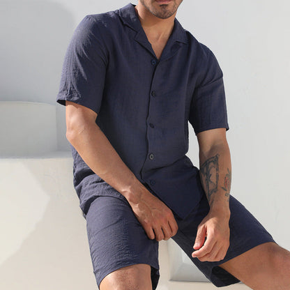 Herrset med kortärmad skjorta och shorts – avslappnad passform – linnekänsla
