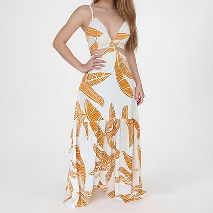 Damklänning – Maxilängd – Halterneck – Skuren midja – A-linjeformad med volangkjol