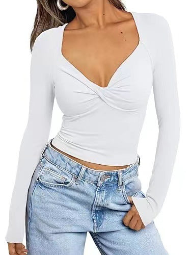 T-shirt dam – V-ringning – Slim fit – Lång ärm – Twist front – Kort modell