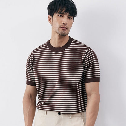 Herr T-shirt – Slim Fit – Stickad Bomullsblandning – Horisontella Ränder
