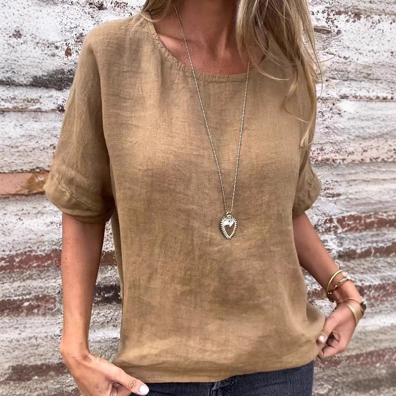 Dam T-shirt – Linneblandning – Lös Passform – Kort Ärm – Andningsbar Vardagsstil