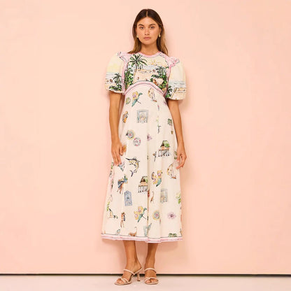 Damklänning A-linje – Lång – Puffärm – Figursydd Livdel – Artistiskt Mönster