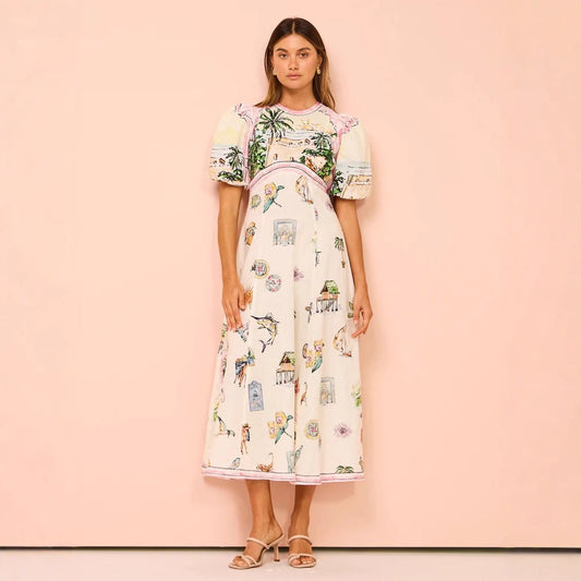 Damklänning A-linje – Lång – Puffärm – Figursydd Livdel – Artistiskt Mönster