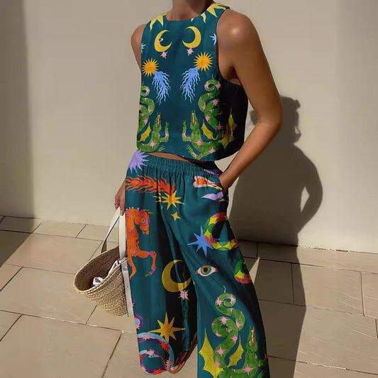 Damlinne – Ärmös Crop Top – Lätt Bomull – Avslappnad Passform – Tryckt Mönster