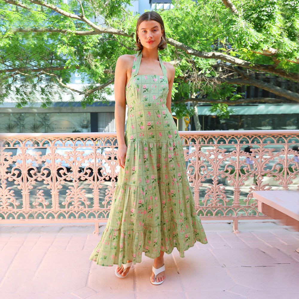 Damklänning halterneck – Smockliv – A-linjeformad – Öppen rygg – Bomull maxi