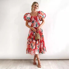 Damklänning maxi – off shoulder – smockliv – puffärm – luftig naturkänsla