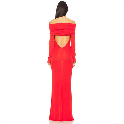 Damklänning för kväll – Slim Fit – Off-Shoulder – Draperad Hals – Hel Längd – Satinlook