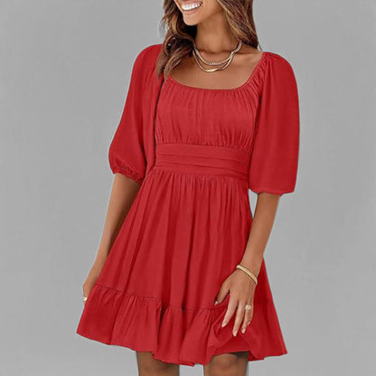 Damklänning – Passform Fit and Flare – Fyrkantig Hals – Puffärm – Volangfåll – Bomull