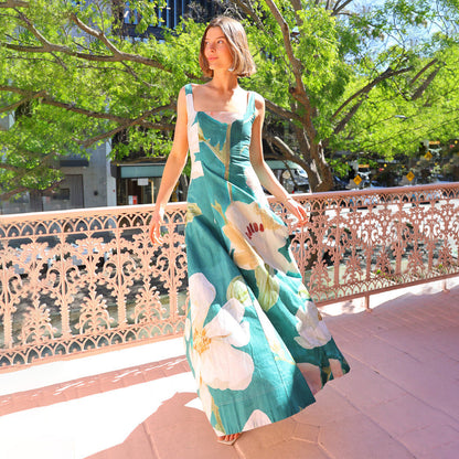 Damklänning maxi – A-linjeformad passform – Fyrkantig halsringning – Blommigt mönster – Lätt tyg