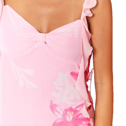 Damklänning mini – Figurnära passform – Volangband – Blommigt mönster – Rosetturringning