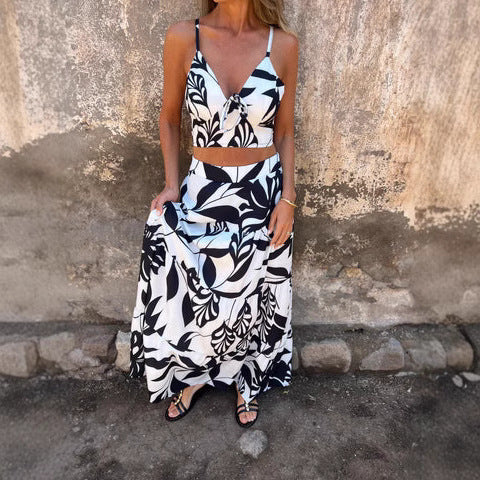 Damset – Kort Topp med Knytband – Lång Fladdrig Kjol – Andningsbart Tyg