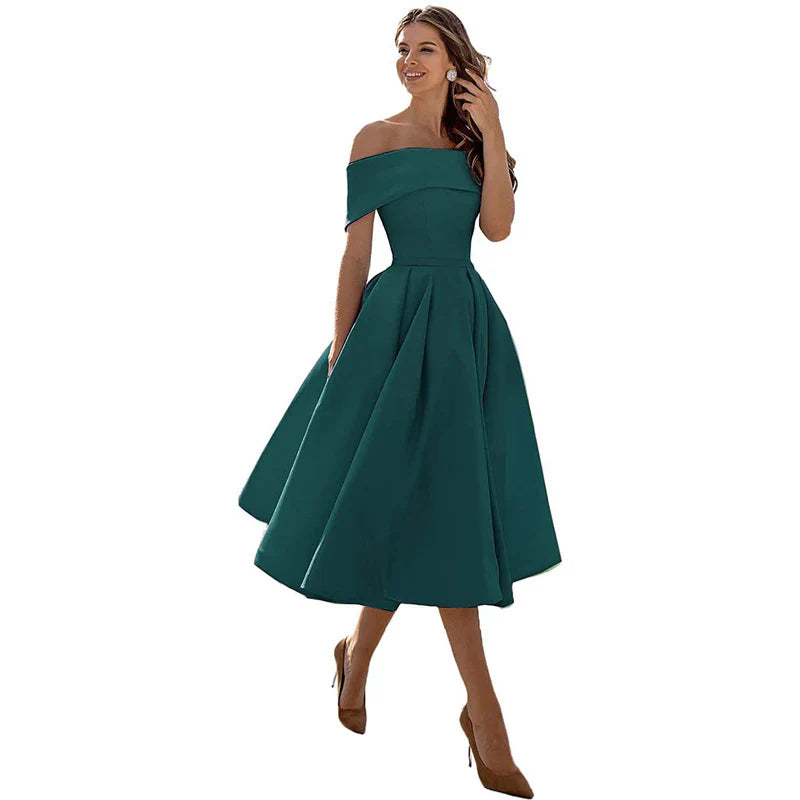 Damklänning – Off-Shoulder – Figurnära Liv – Utställd Kjol – Tealängd Elegant Stil