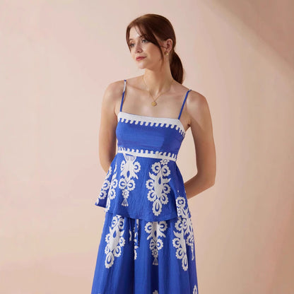 Damset med ärmlös topp och kjol – Peplummodell – Etniskt mönster – Bomull