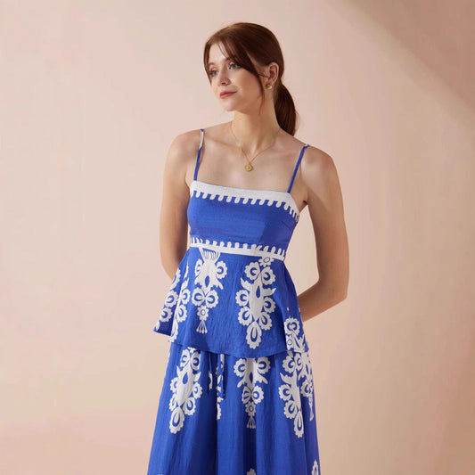 Damset med ärmlös topp och kjol – Peplummodell – Etniskt mönster – Bomull