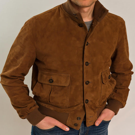 Herrjacka – Slim Fit – Mocka – Ståkrage – Knäppning – Ribbade Manschetter – Fickor