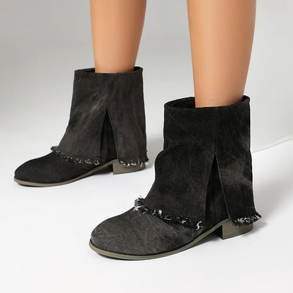 Damstövletter – Slip-on med låg klack – Denimlook – Fransade detaljer – Vardagssnygg